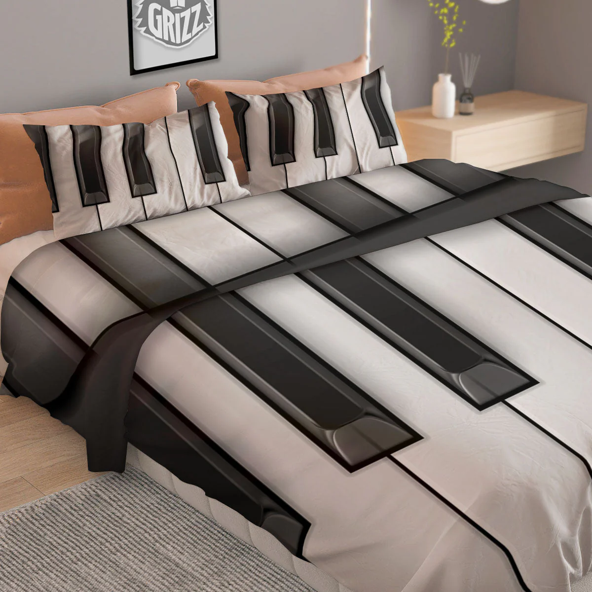 Piano Keyboard White And Black Print Duvet Cover Bedding Set - Image 2