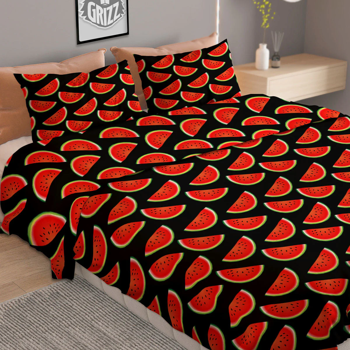 Pieces Black Watermelon Print Pattern Duvet Cover Bedding Set - Image 2