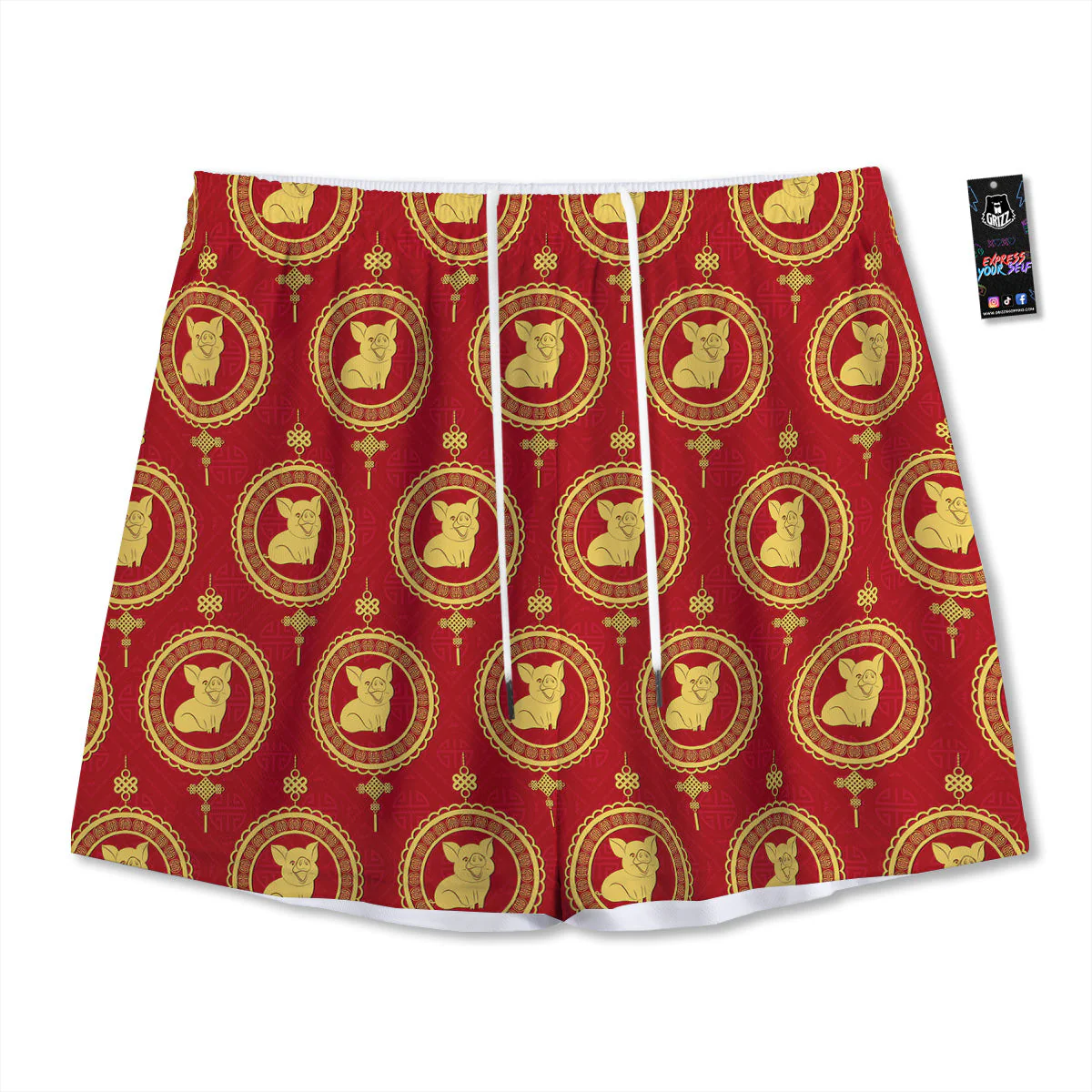 Pig And Chinese New Year Print Pattern Mesh Shorts