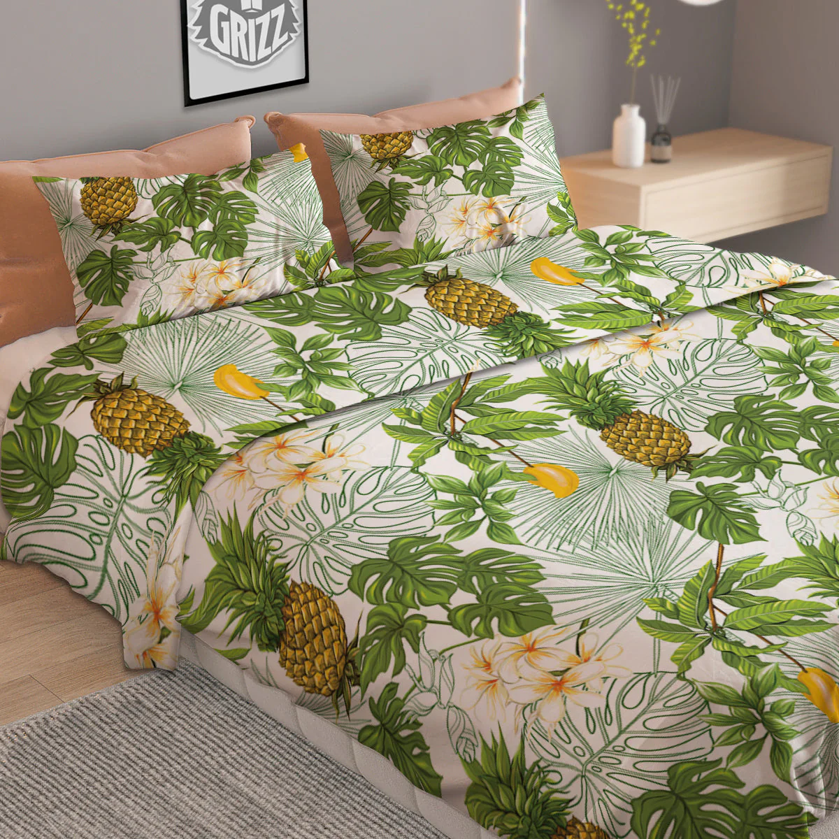 Pineapple Aloha White Print Pattern Duvet Cover Bedding Set - Image 2