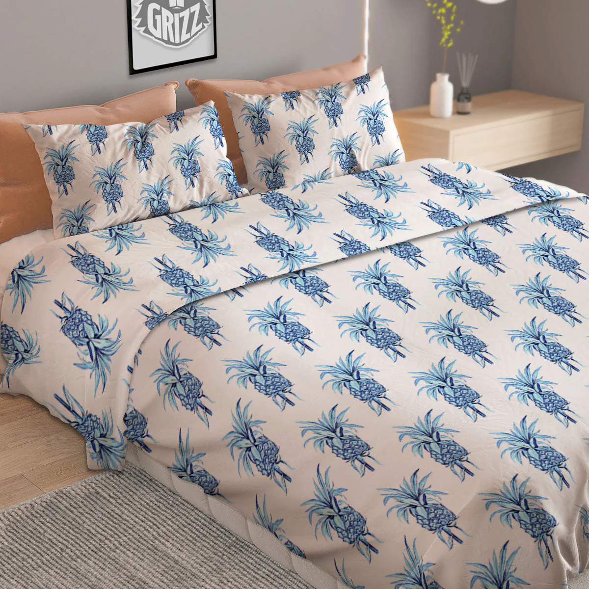 Pineapple Blue Leaf Print Pattern Duvet Cover Bedding Set - Image 2