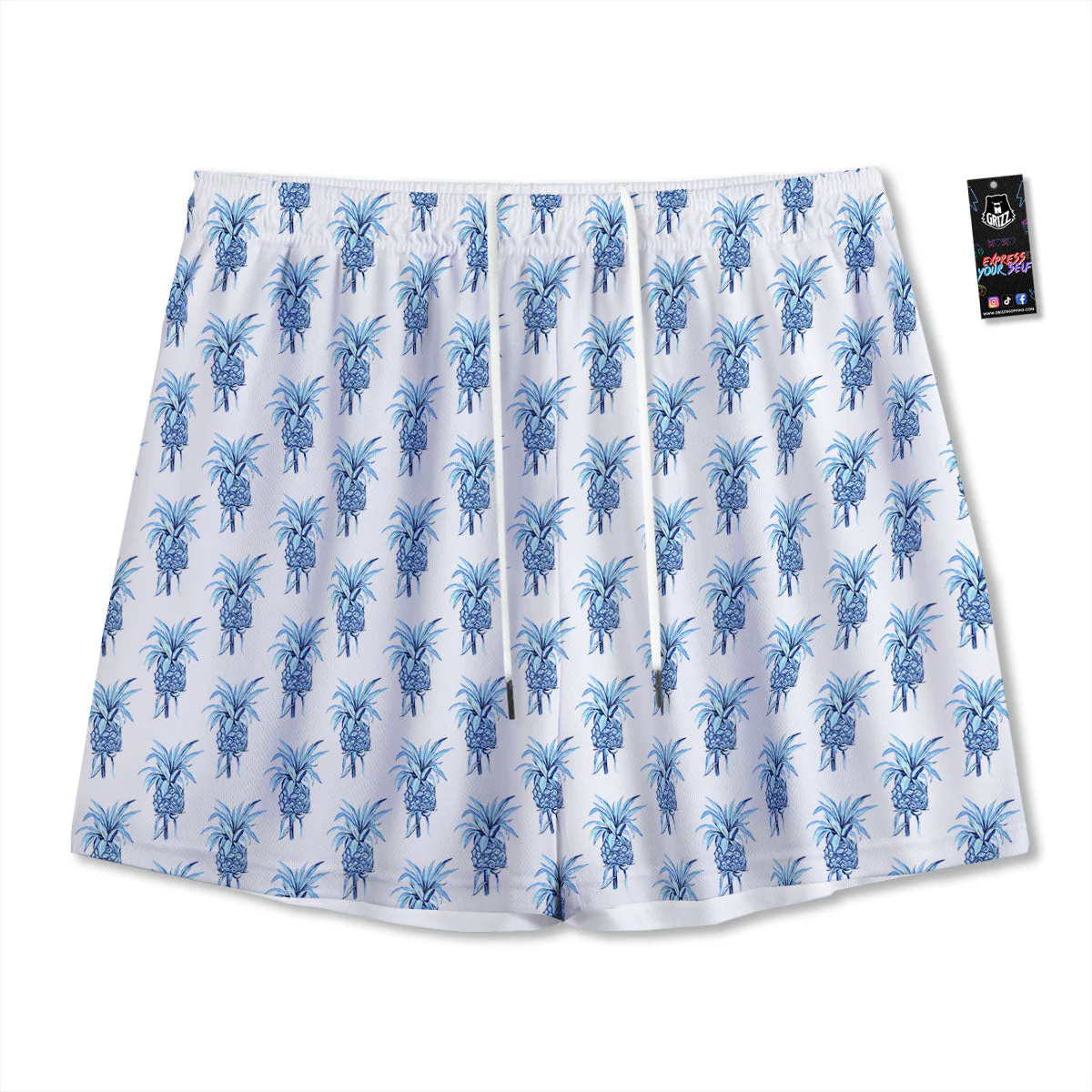 Pineapple Blue Leaf Print Pattern Mesh Shorts