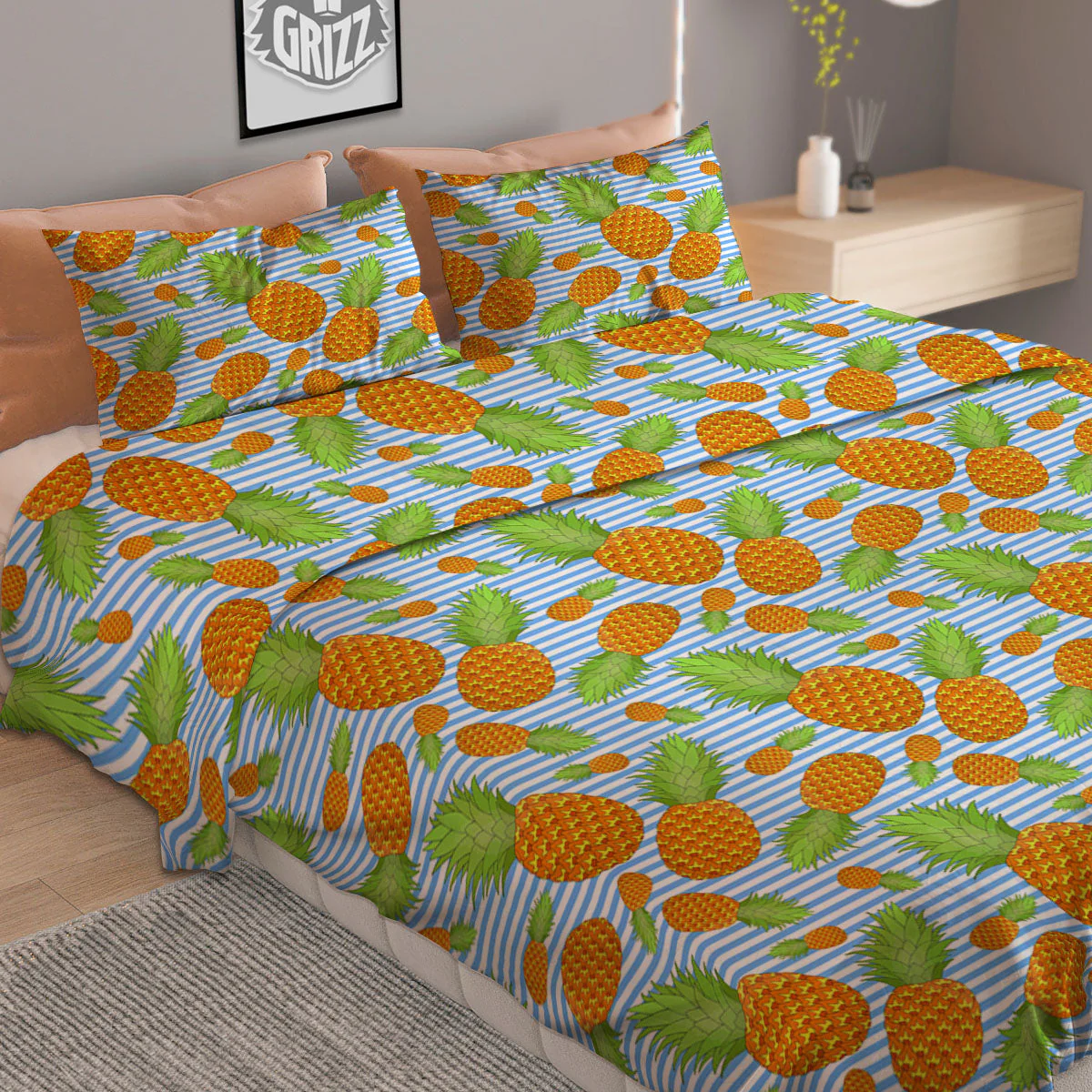 Pineapple Blue Striped Print Pattern Duvet Cover Bedding Set - Image 2