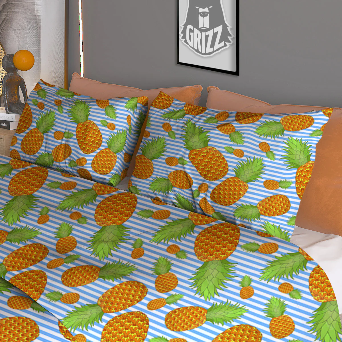 Pineapple Blue Striped Print Pattern Duvet Cover Bedding Set - Image 3