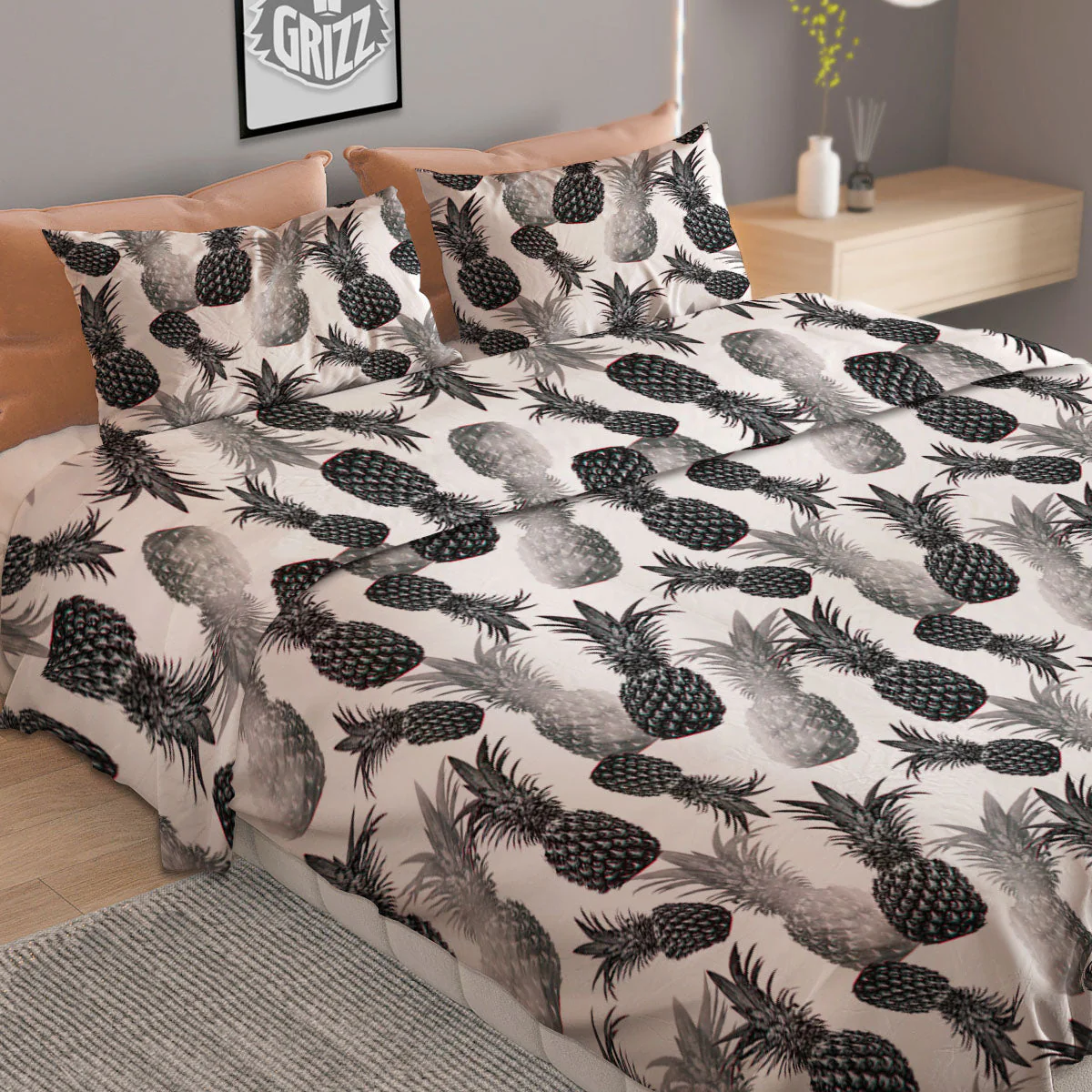Pineapple Grey Watercolor Print Pattern Duvet Cover Bedding Set - Image 2