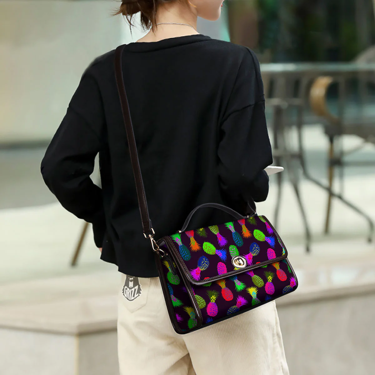 Pineapple Neon Trippy Print Pattern Women's Satchel Bag - Image 3