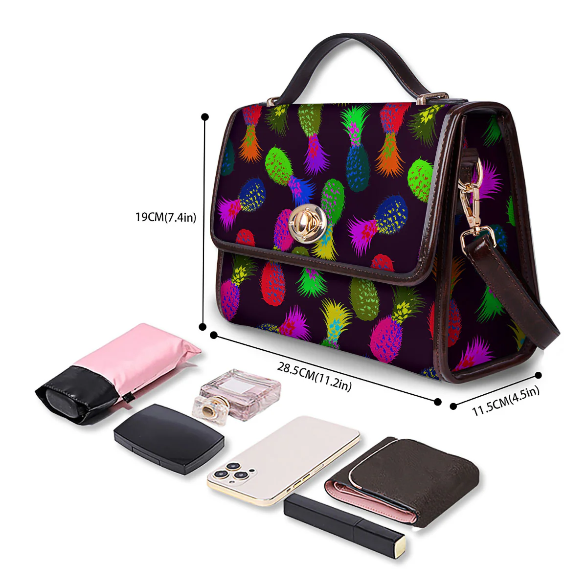 Pineapple Neon Trippy Print Pattern Women's Satchel Bag - Image 4
