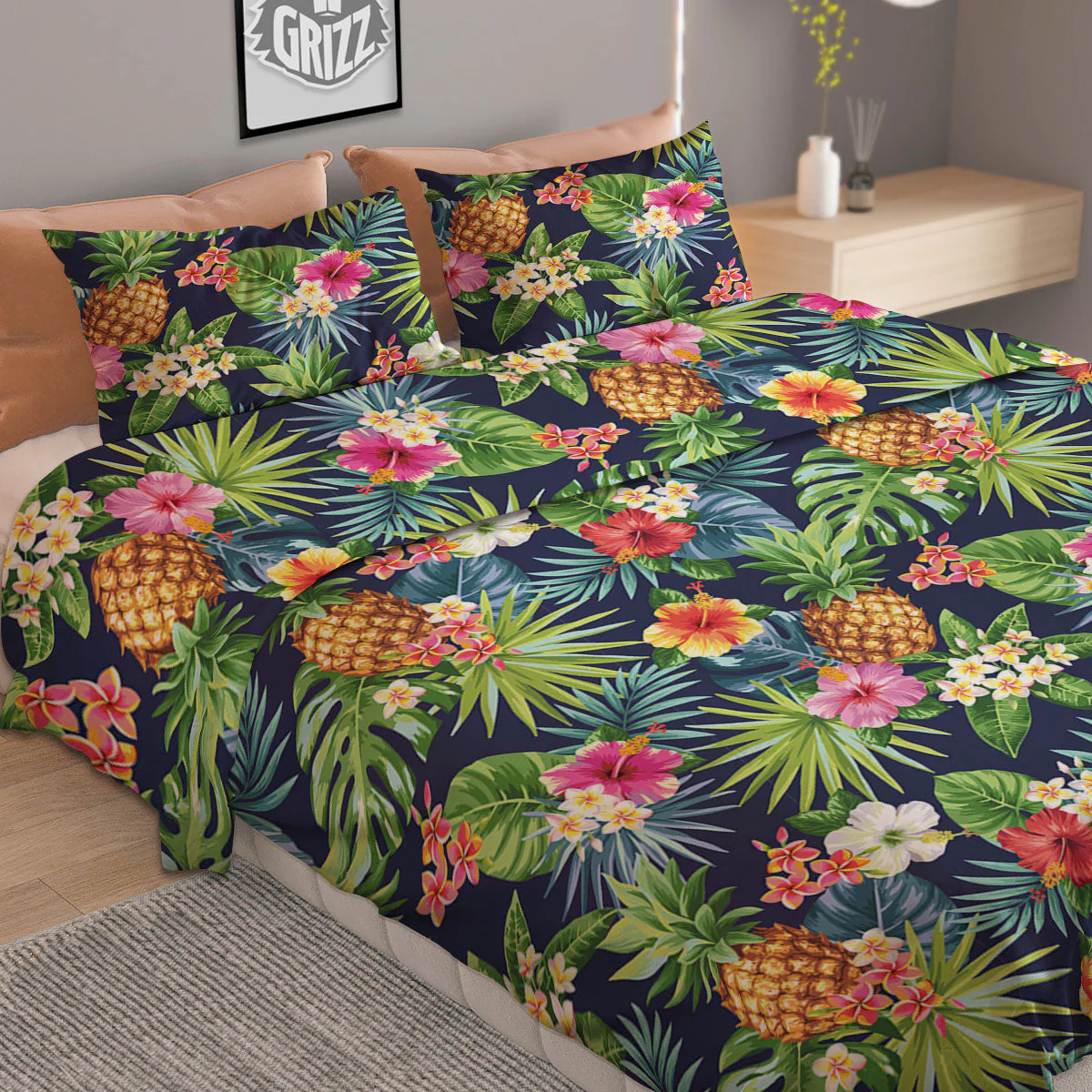 Pineapple Palm Leaf Print Pattern Duvet Cover Bedding Set - Image 2
