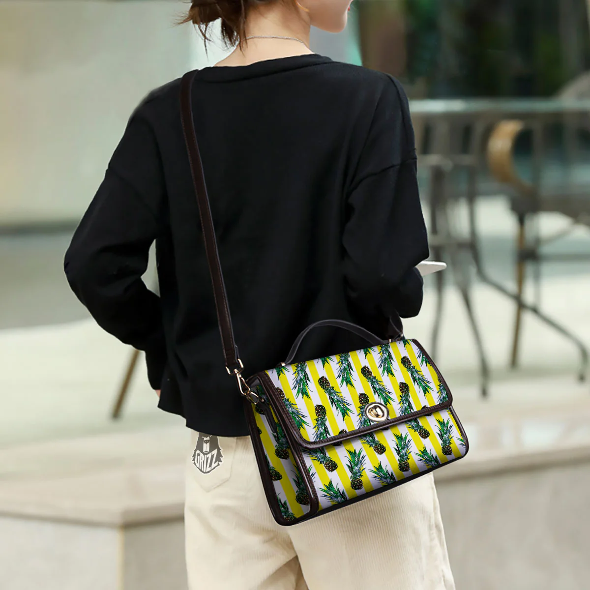 Pineapple Striped Yellow Print Pattern Women's Satchel Bag - Image 3