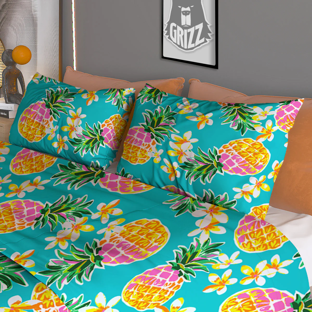 Pineapple Tropical Teal Print Pattern Duvet Cover Bedding Set - Image 3
