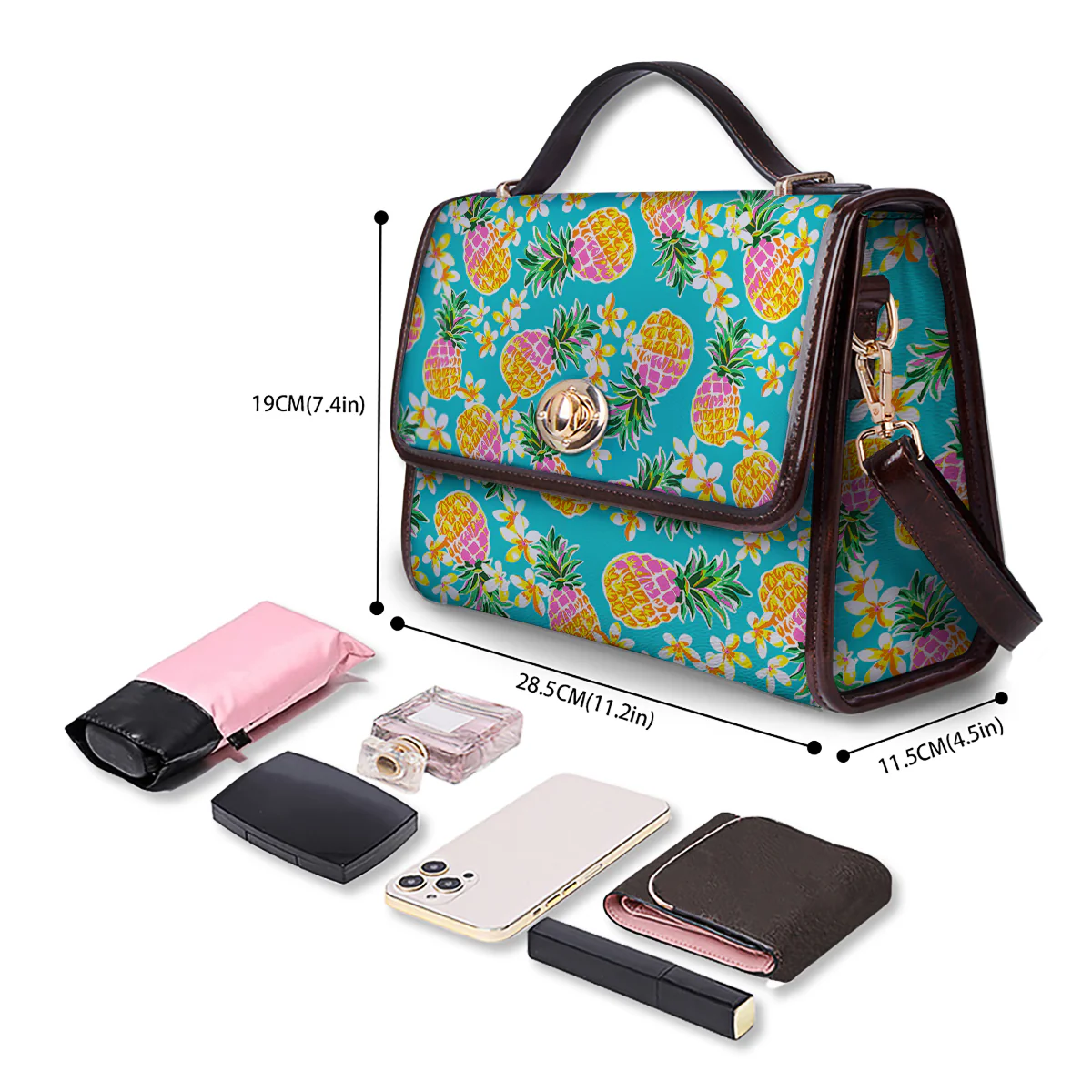 Pineapple Tropical Teal Print Pattern Women's Satchel Bag - Image 4