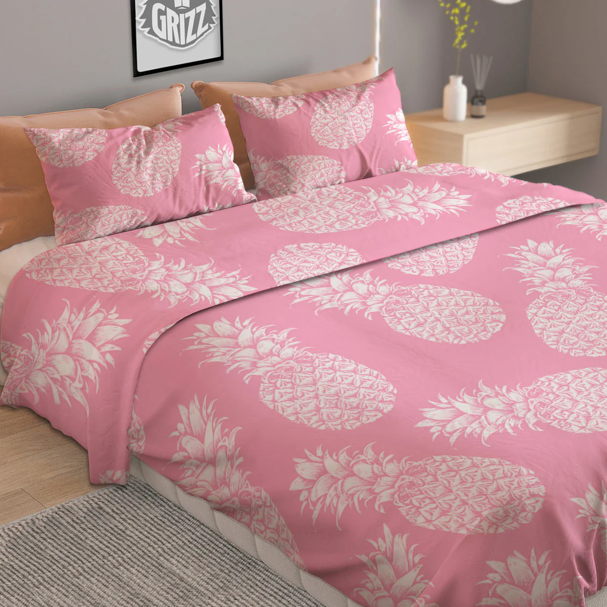 Pineapple White Summer Pink Print Pattern Duvet Cover Bedding Set - Image 2
