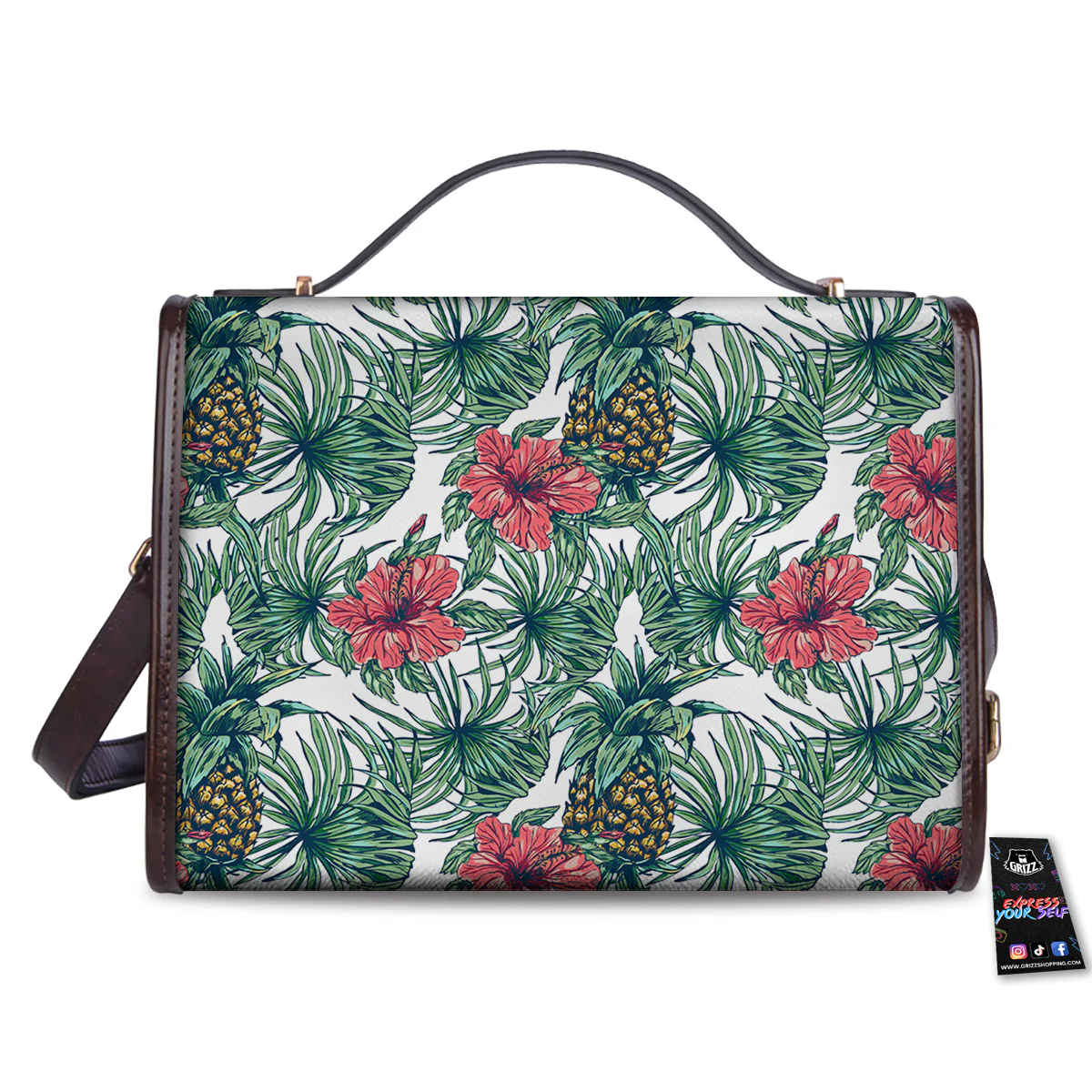 Pineapple White Tropical Print Pattern Women's Satchel Bag - Image 2