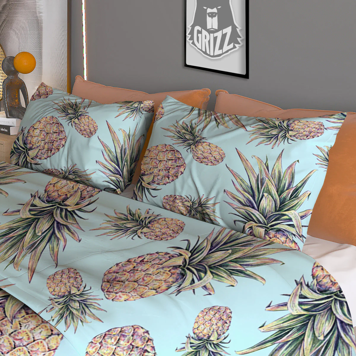 Pineapple White Watercolor Print Pattern Duvet Cover Bedding Set - Image 3