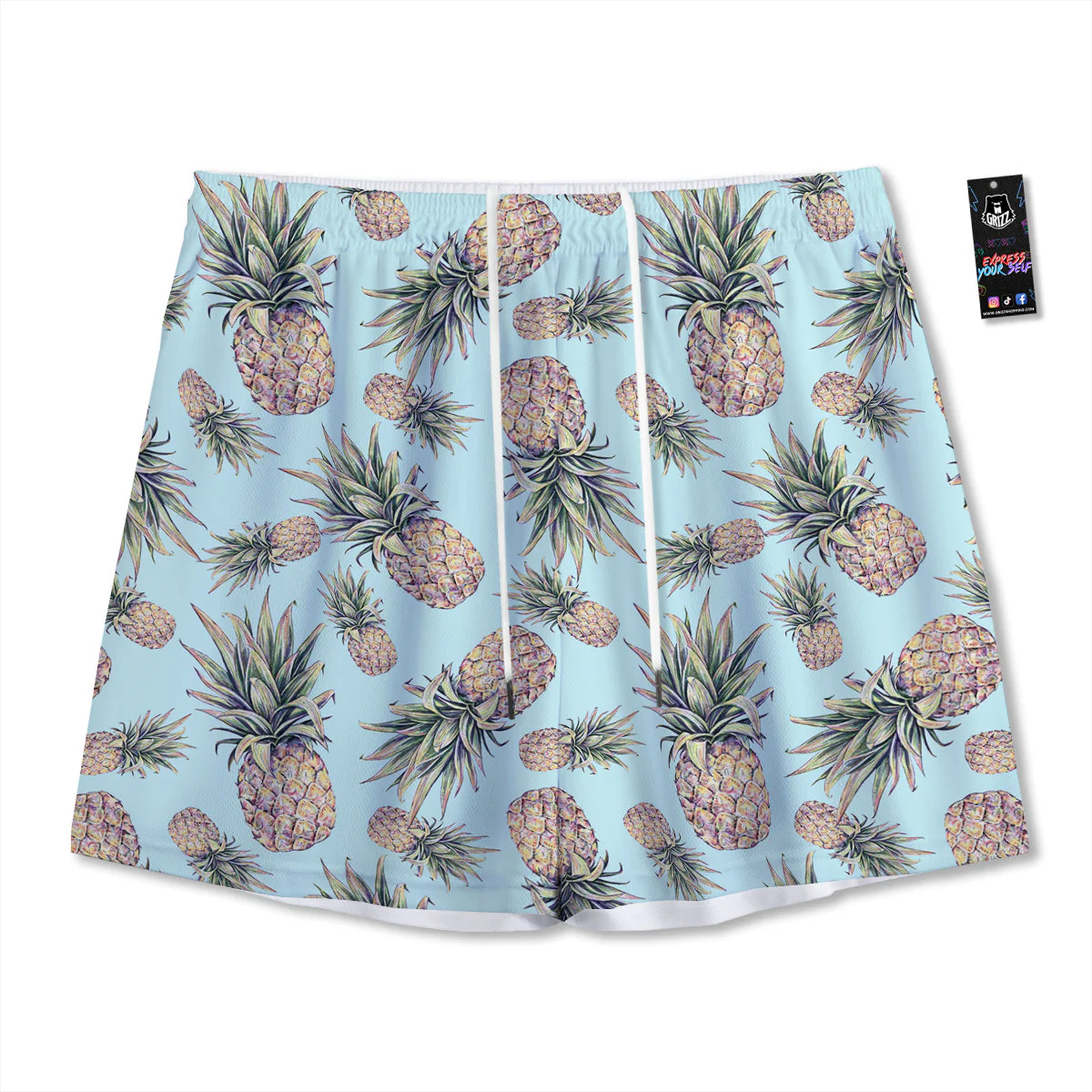 Pineapple White Watercolor Print Pattern Mesh Shorts