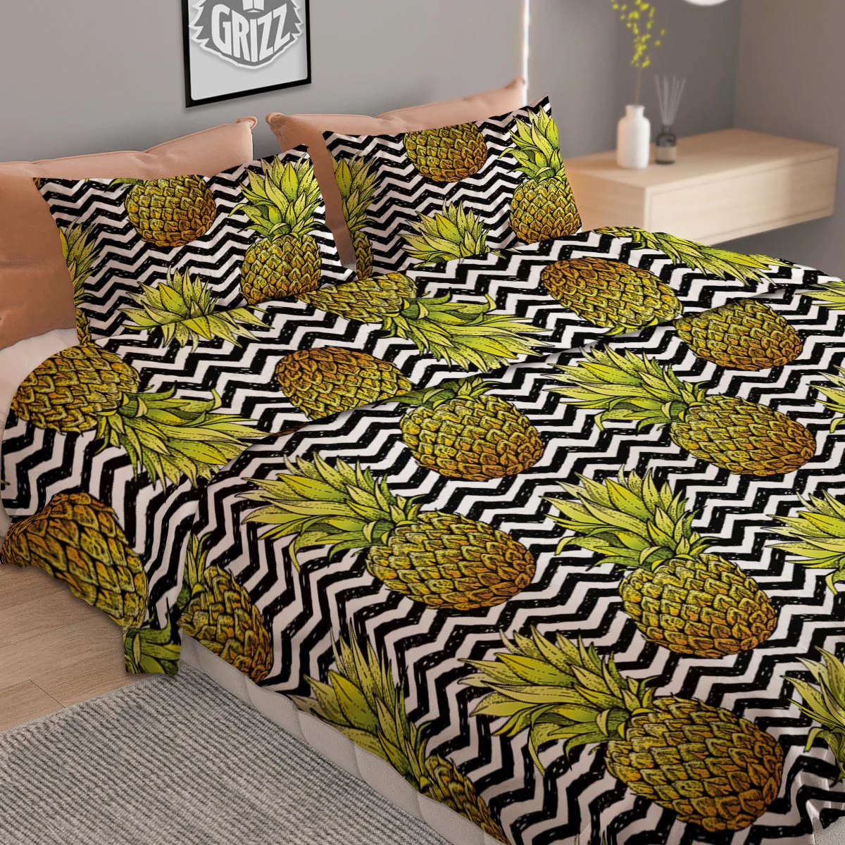 Pineapple White Zig Zag Print Pattern Duvet Cover Bedding Set - Image 2
