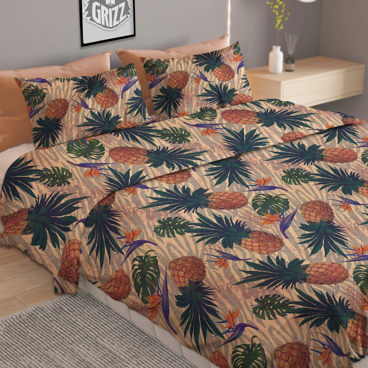 Pineapple Zebra Beige Print Pattern Duvet Cover Bedding Set - Image 2