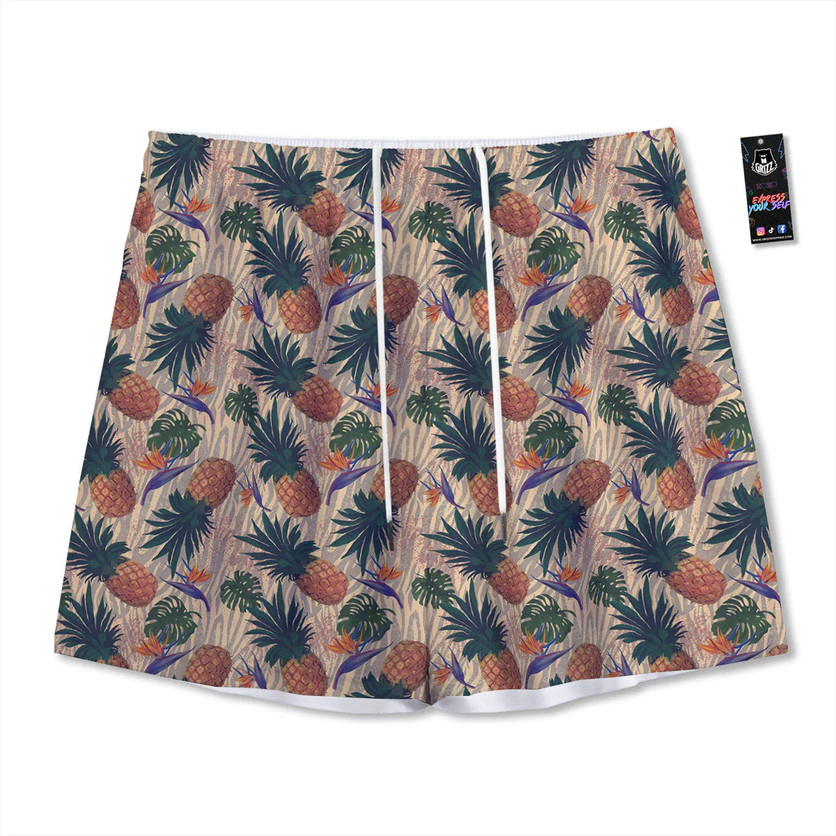 Pineapple Zebra Beige Print Pattern Mesh Shorts
