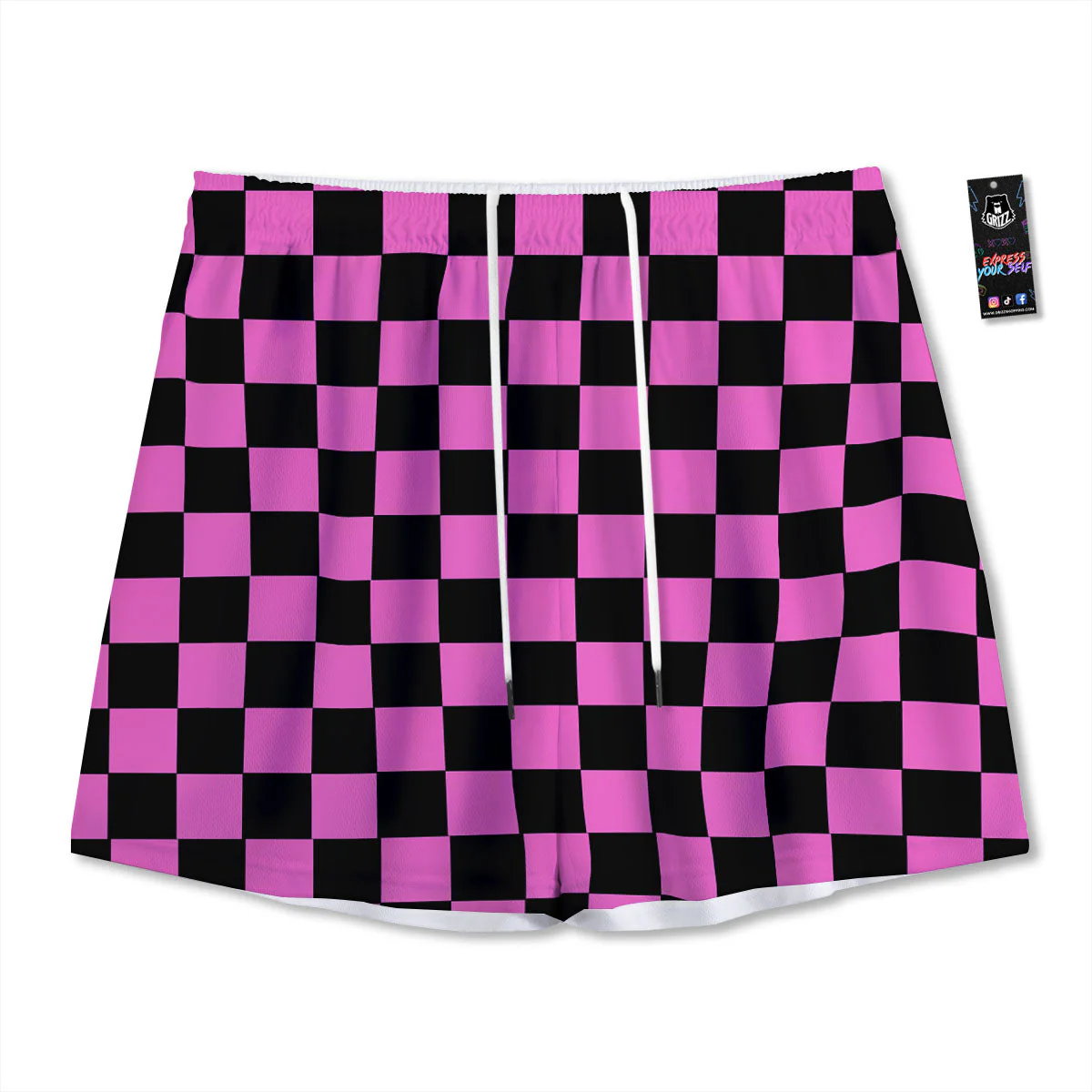 Pink And Black Checkered Print Pattern Mesh Shorts