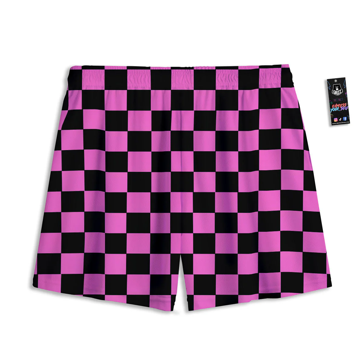 Pink And Black Checkered Print Pattern Mesh Shorts - Image 2