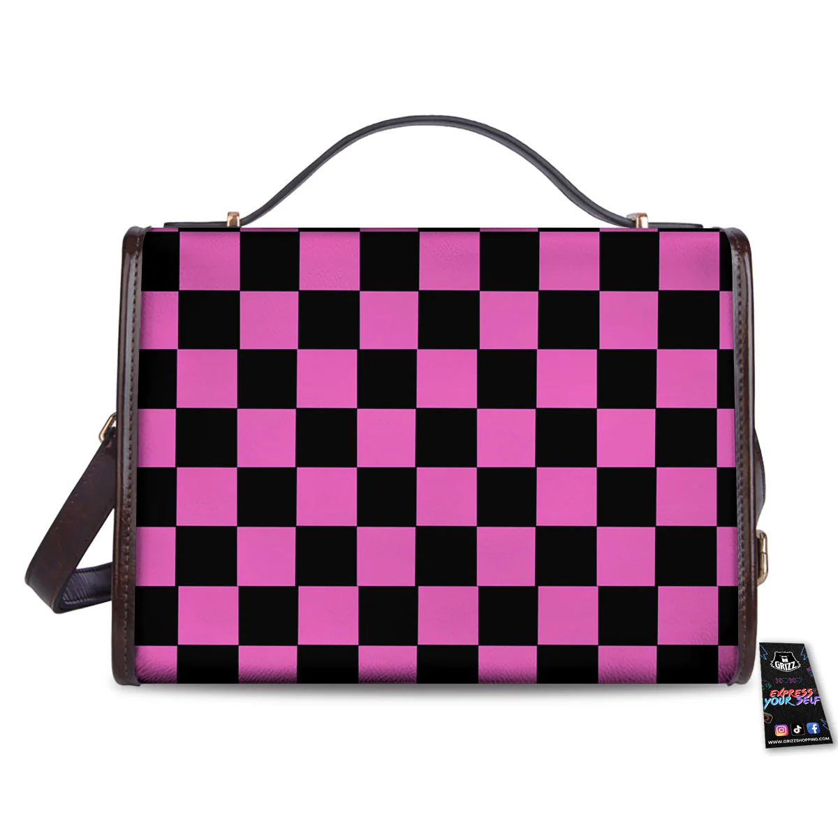 Pink And Black Checkered Print Pattern Women's Satchel Bag - Image 2