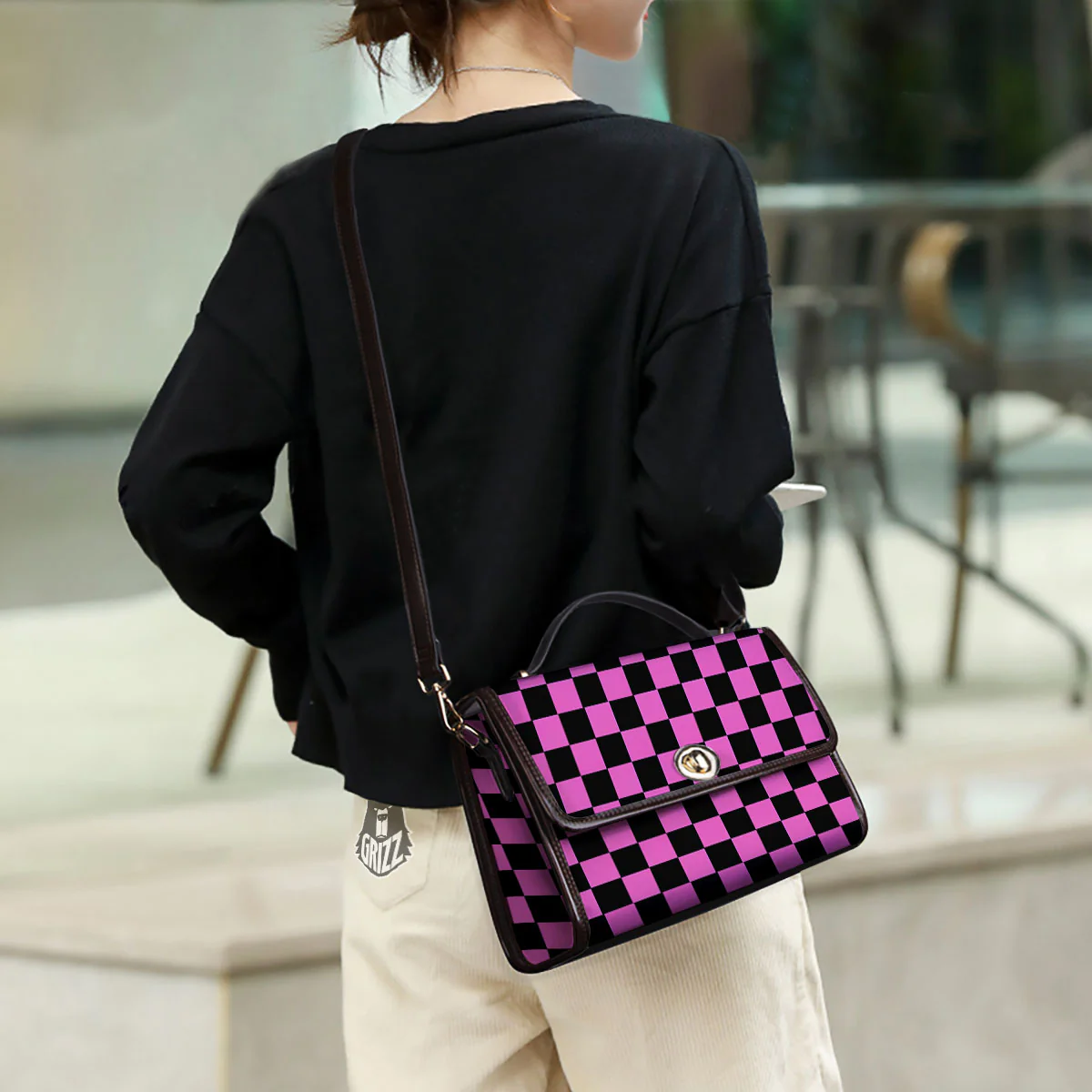 Pink And Black Checkered Print Pattern Women's Satchel Bag - Image 3