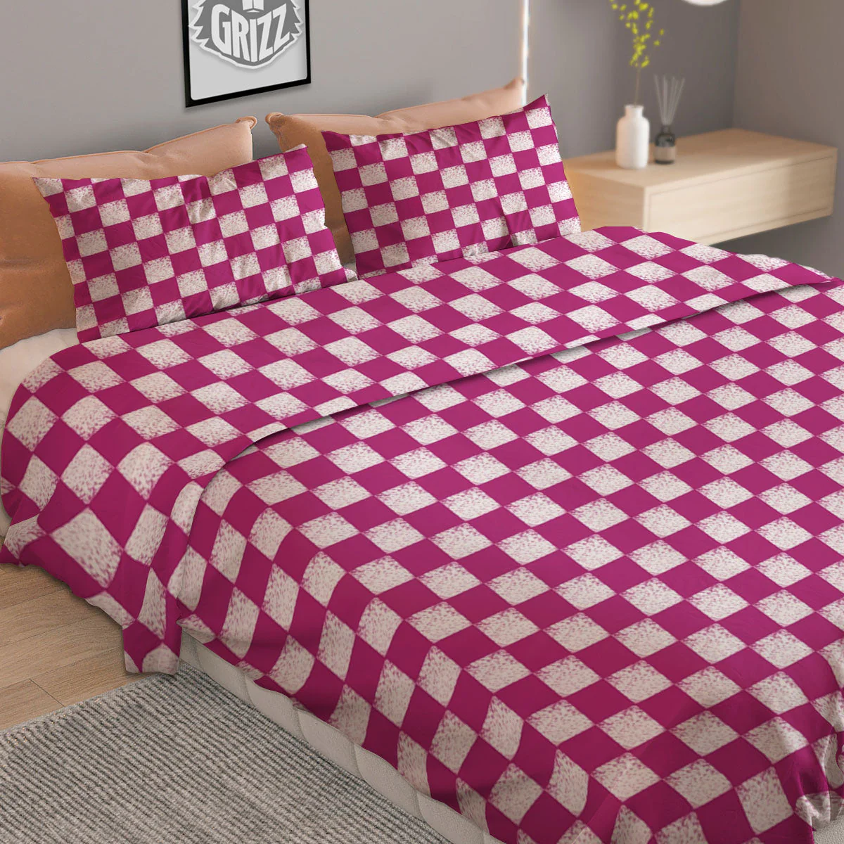 Pink And White Checkered Print Pattern Duvet Cover Bedding Set - Image 2