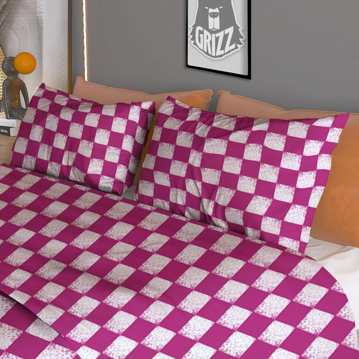Pink And White Checkered Print Pattern Duvet Cover Bedding Set - Image 3