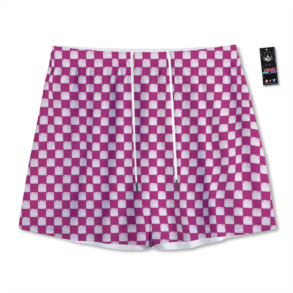 Pink And White Checkered Print Pattern Mesh Shorts