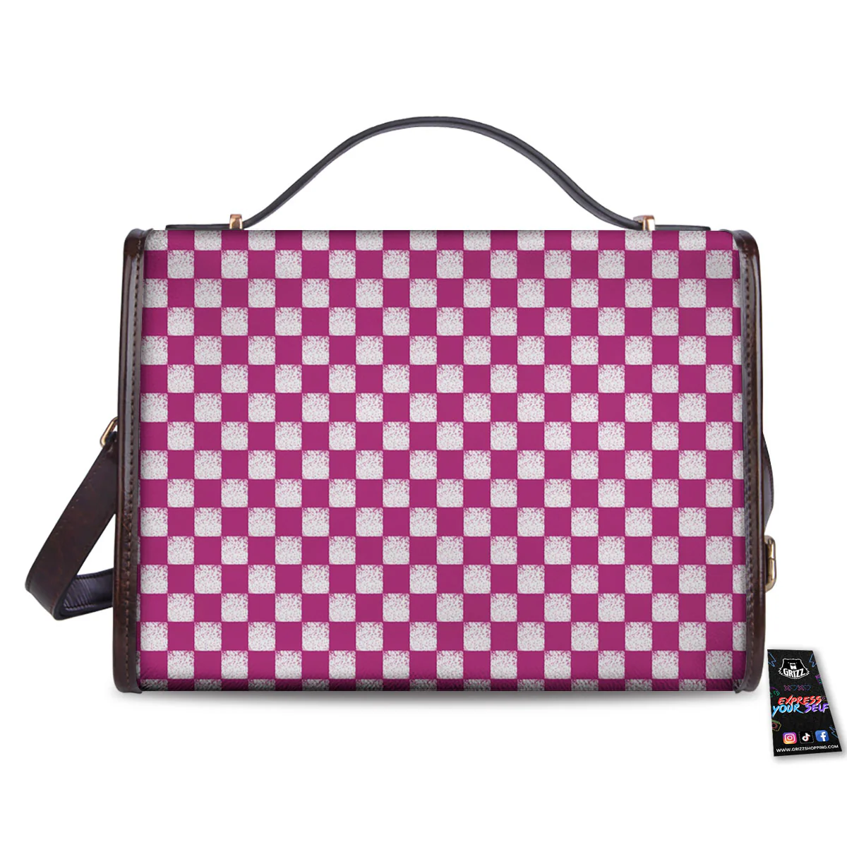 Pink And White Checkered Print Pattern Women's Satchel Bag - Image 2