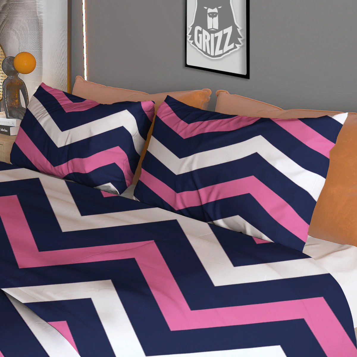 Pink And White Navy Chevron Print Duvet Cover Bedding Set - Image 3