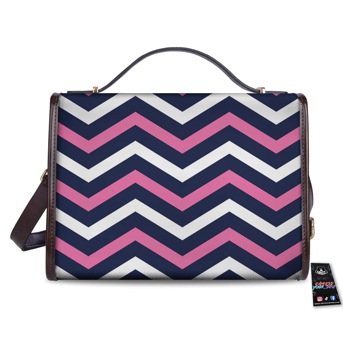 Pink And White Navy Chevron Print Women's Satchel Bag - Image 2