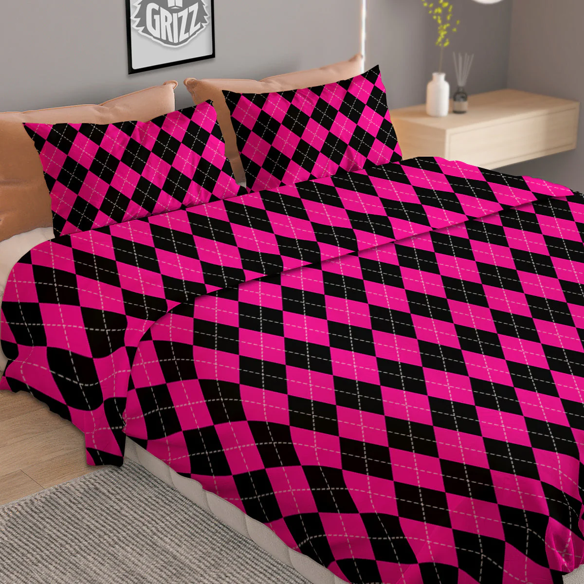 Pink Argyle Deep And Black Print Pattern Duvet Cover Bedding Set - Image 2