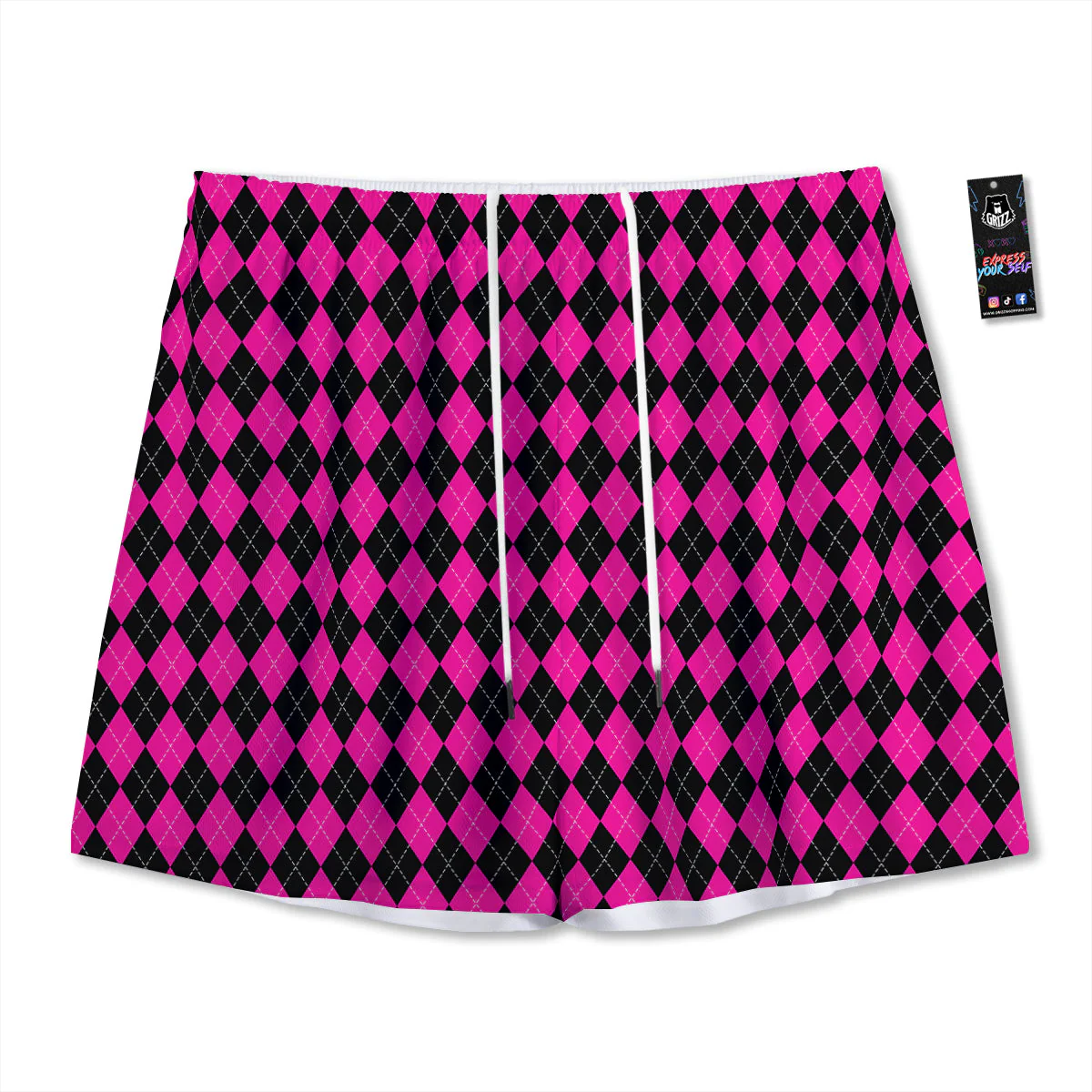 Pink Argyle Deep And Black Print Pattern Mesh Shorts