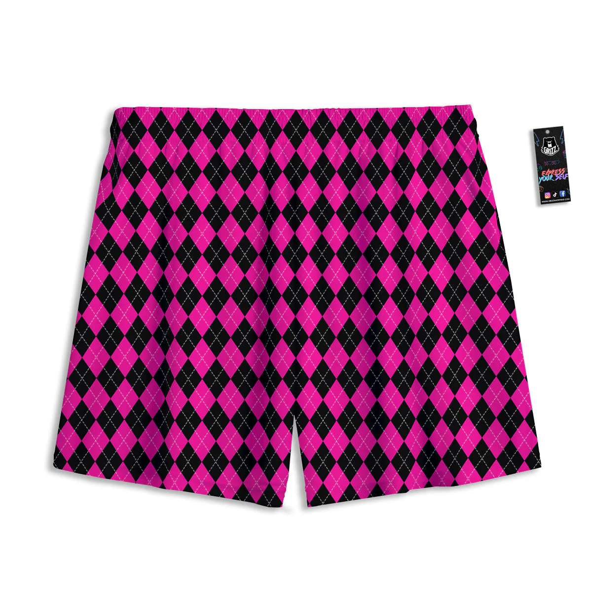 Pink Argyle Deep And Black Print Pattern Mesh Shorts - Image 2