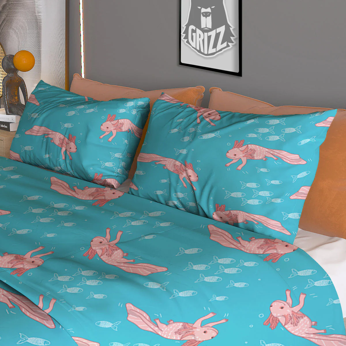 Pink Axolotl Teal Print Pattern Duvet Cover Bedding Set - Image 3