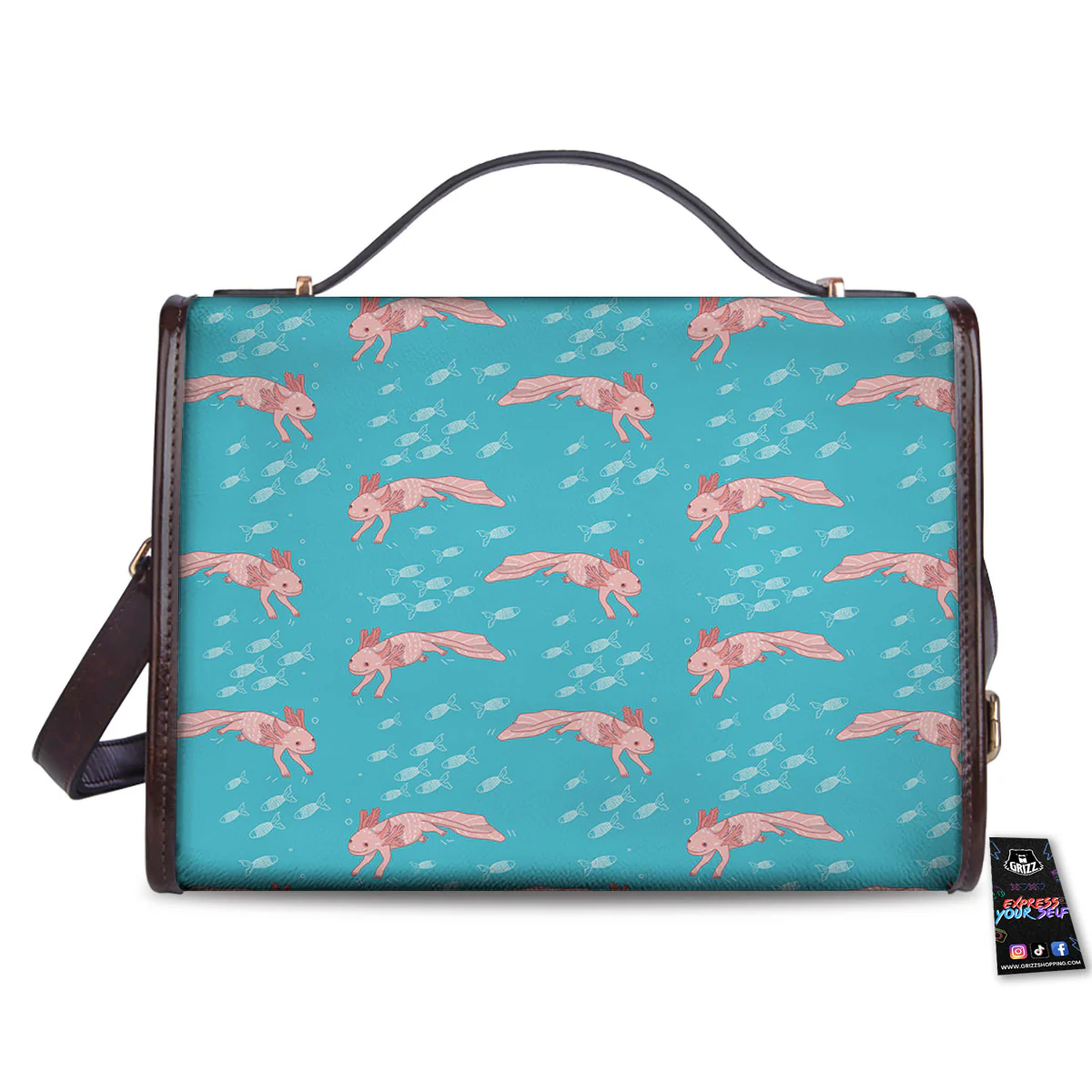 Pink Axolotl Teal Print Pattern Women's Satchel Bag - Image 2