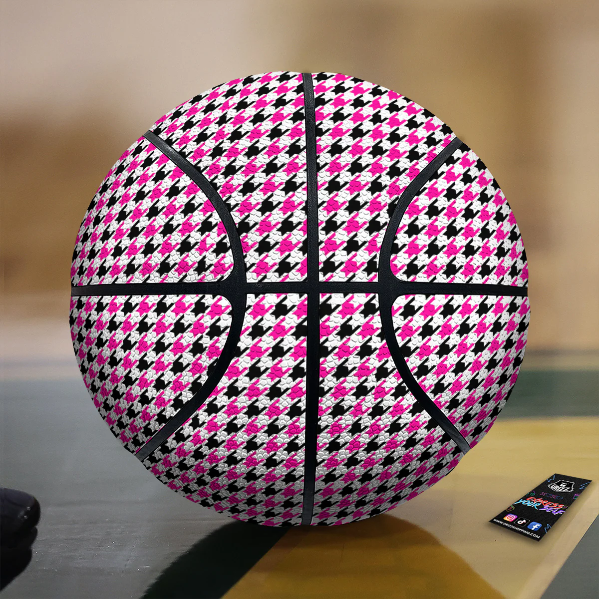 Pink Blac And White Houndstooth Print Basketball