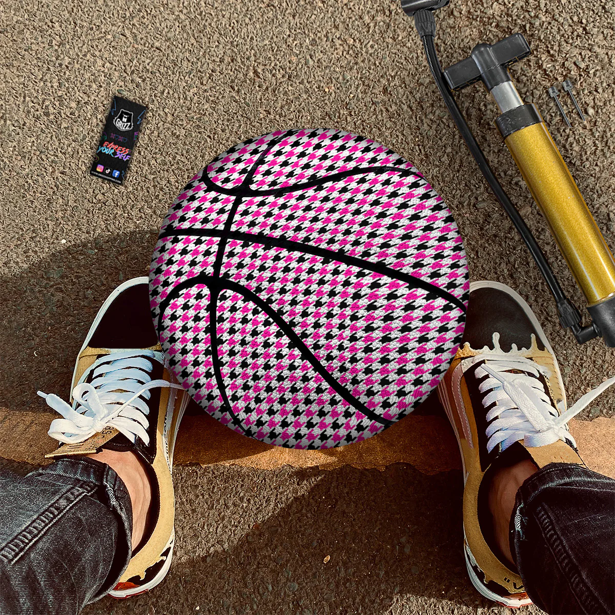 Pink Blac And White Houndstooth Print Basketball - Image 3