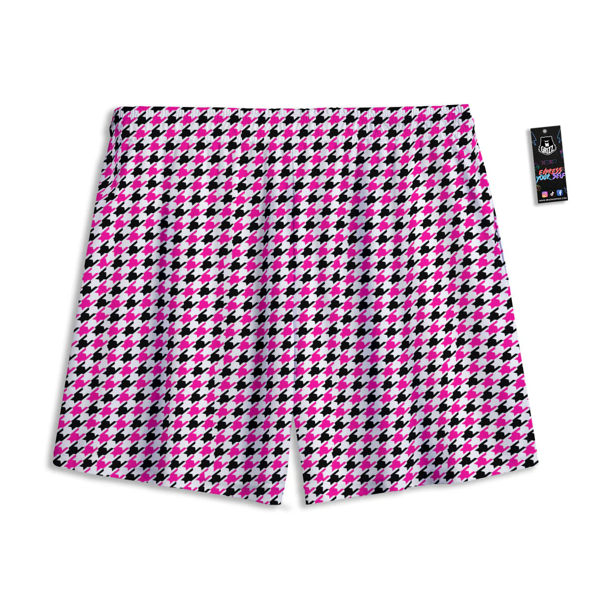 Pink Blac And White Houndstooth Print Mesh Shorts - Image 2