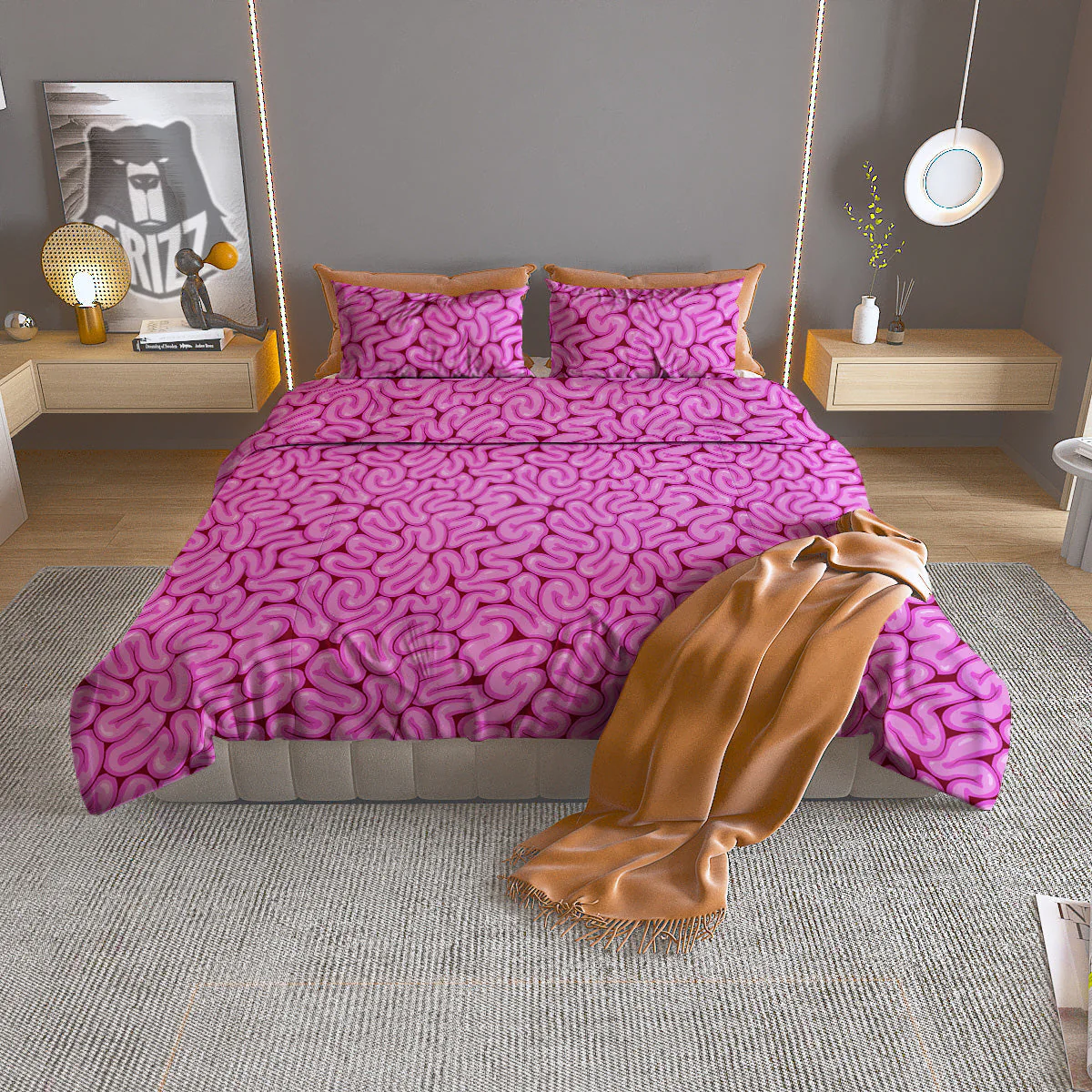 Pink Brains Cartoon Print Pattern Duvet Cover Bedding Set