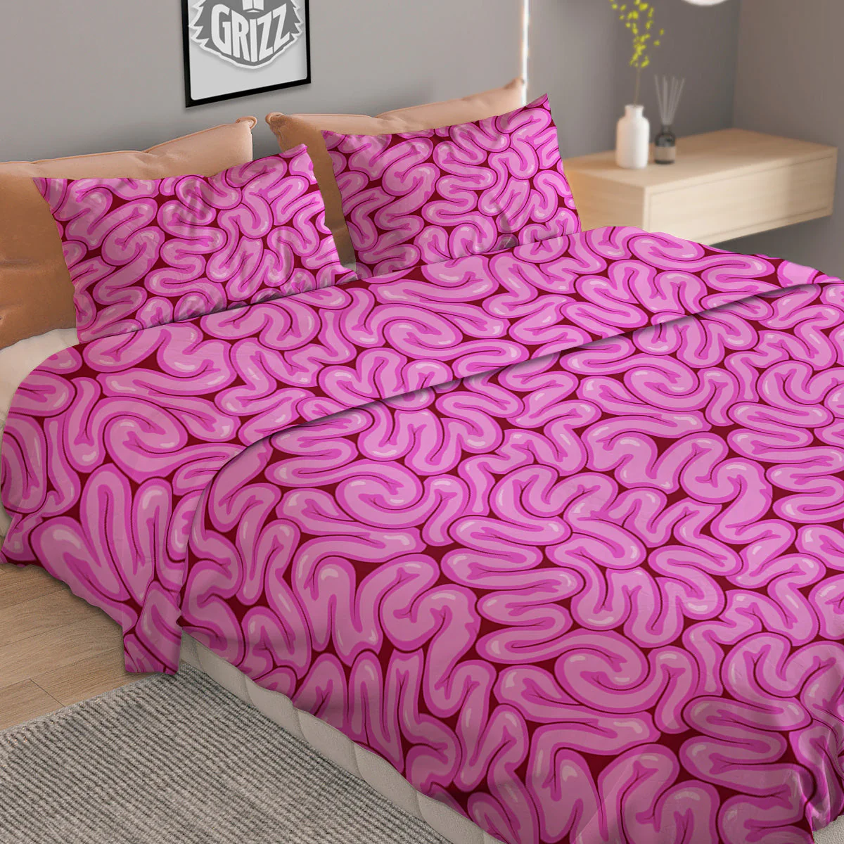 Pink Brains Cartoon Print Pattern Duvet Cover Bedding Set - Image 2