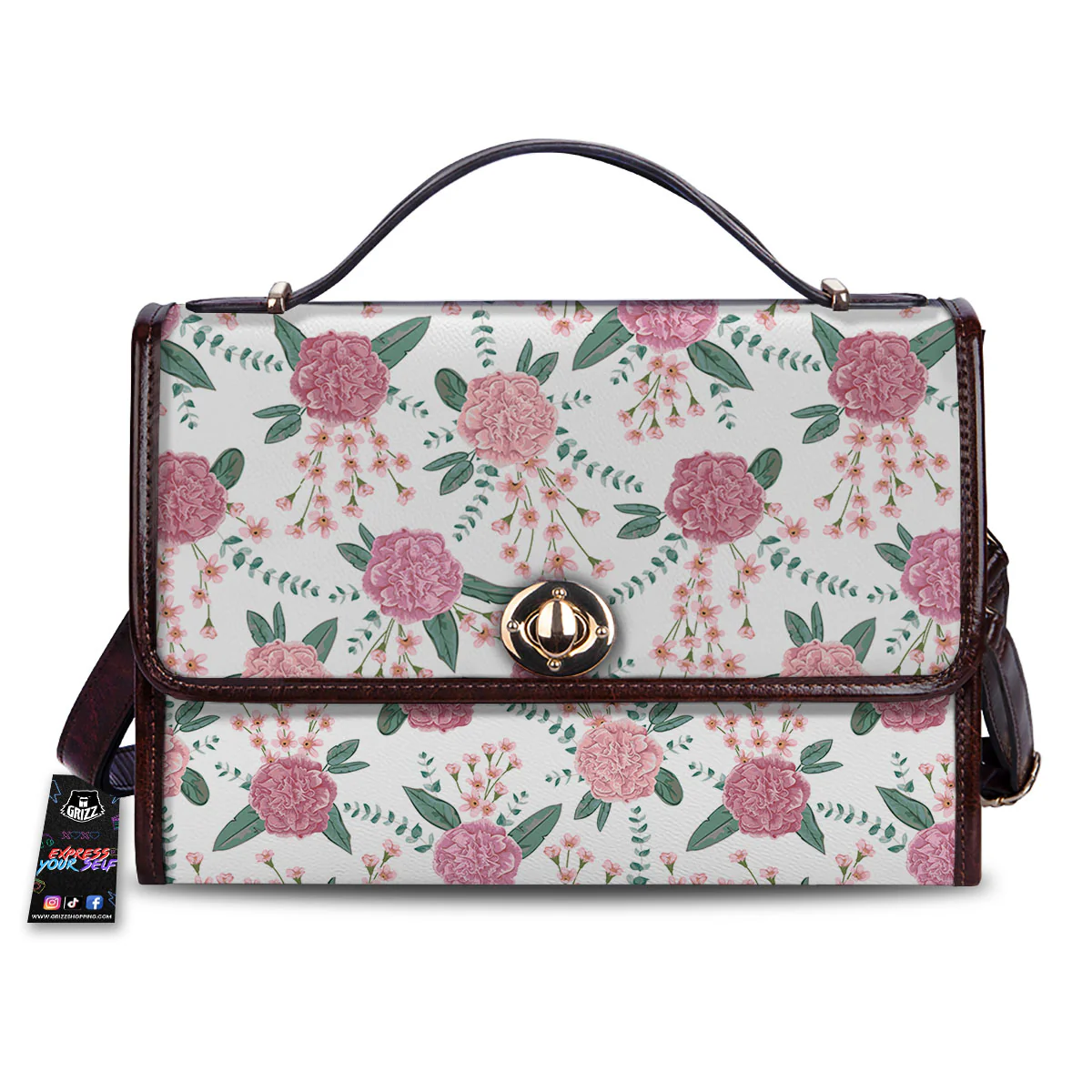 Pink Carnation White Print Pattern Women's Satchel Bag