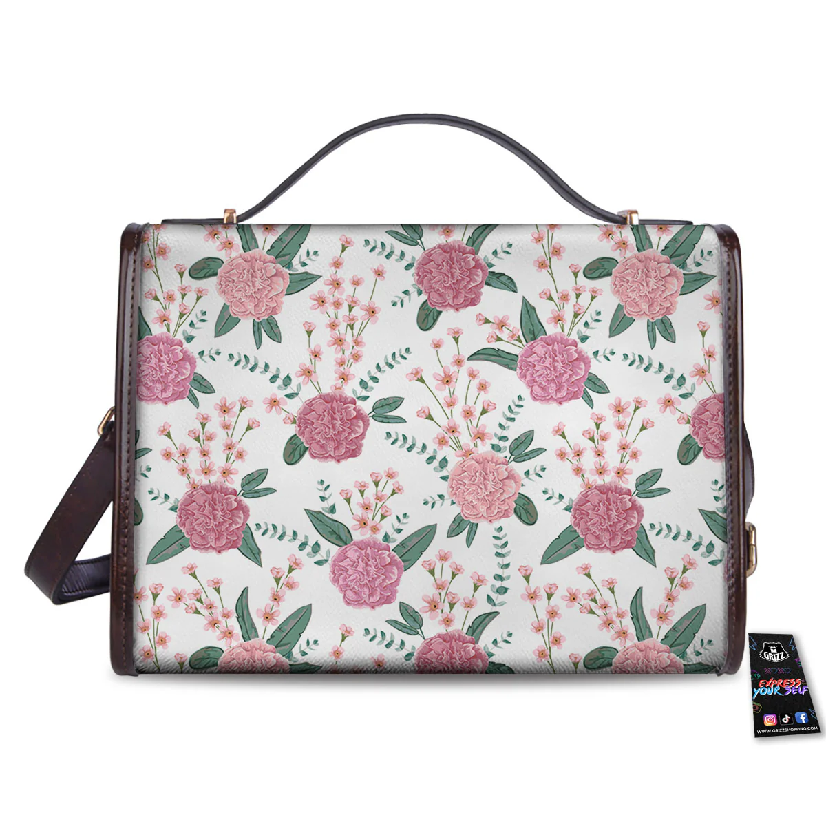 Pink Carnation White Print Pattern Women's Satchel Bag - Image 2