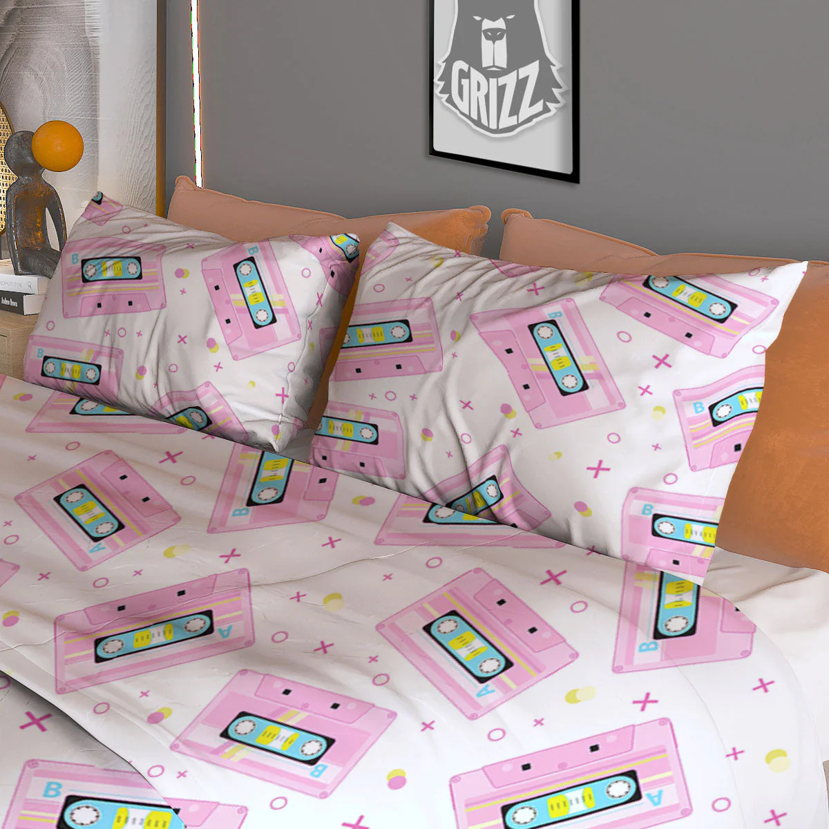 Pink Cassette Tape White Print Pattern Duvet Cover Bedding Set - Image 3