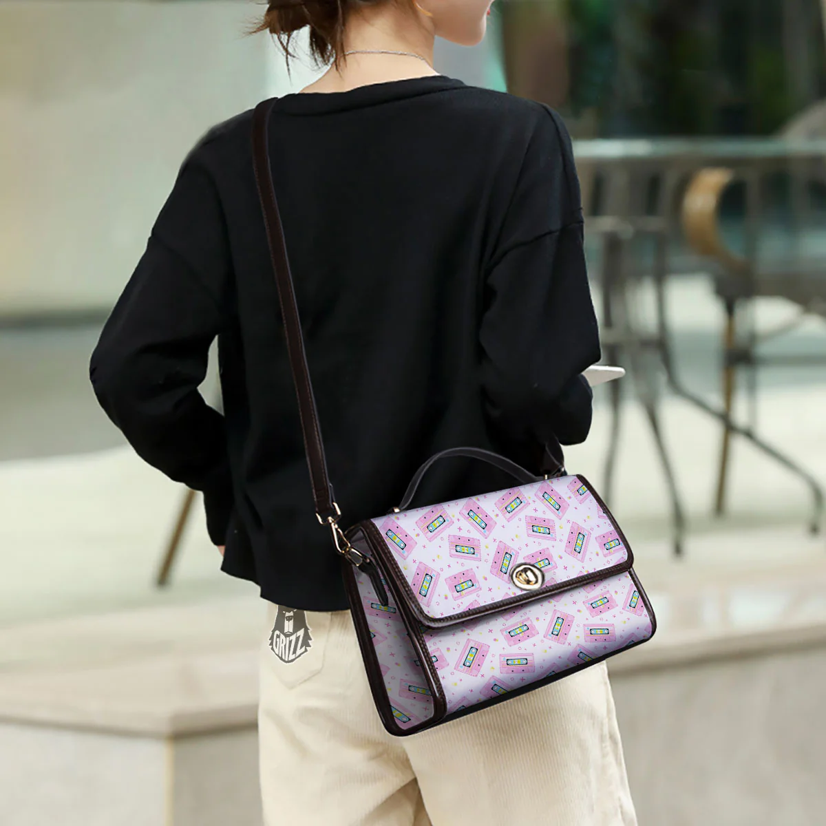 Pink Cassette Tape White Print Pattern Women's Satchel Bag - Image 3