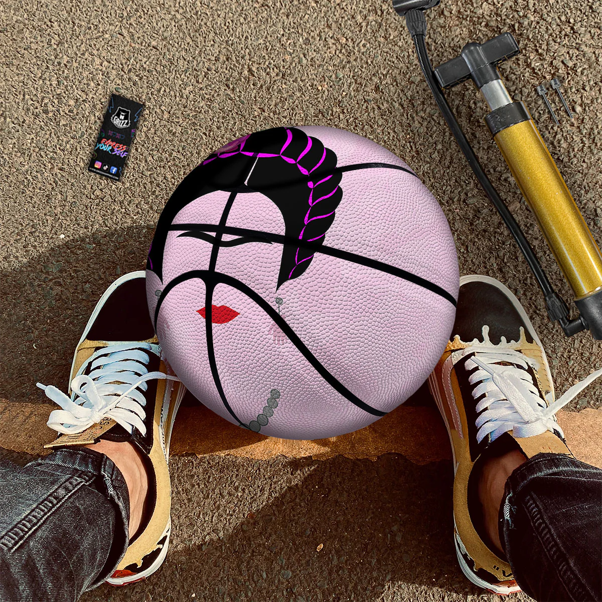 Pink Flower And Frida Kahlo Print Basketball - Image 2