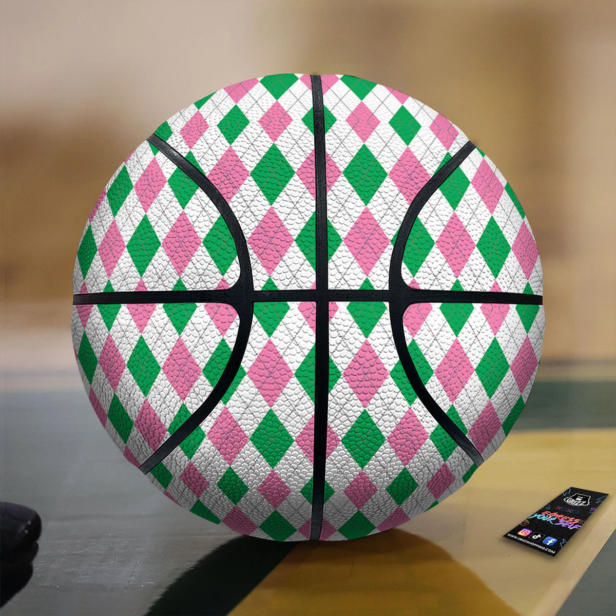 Pink Green And White Argyle Print Basketball
