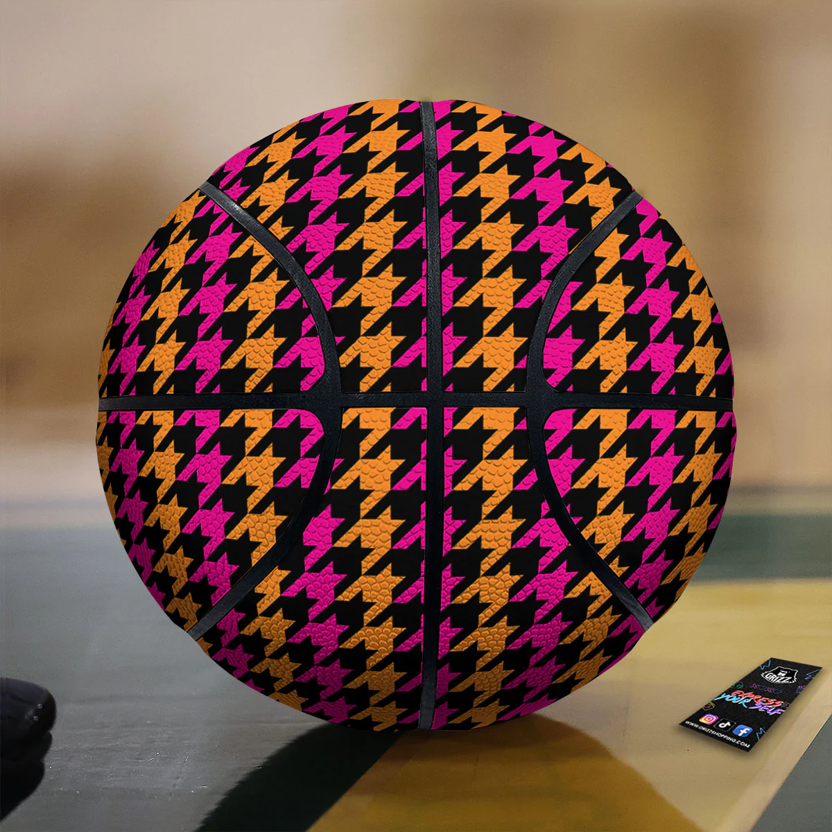 Pink Orange And Black Houndstooth Print Basketball