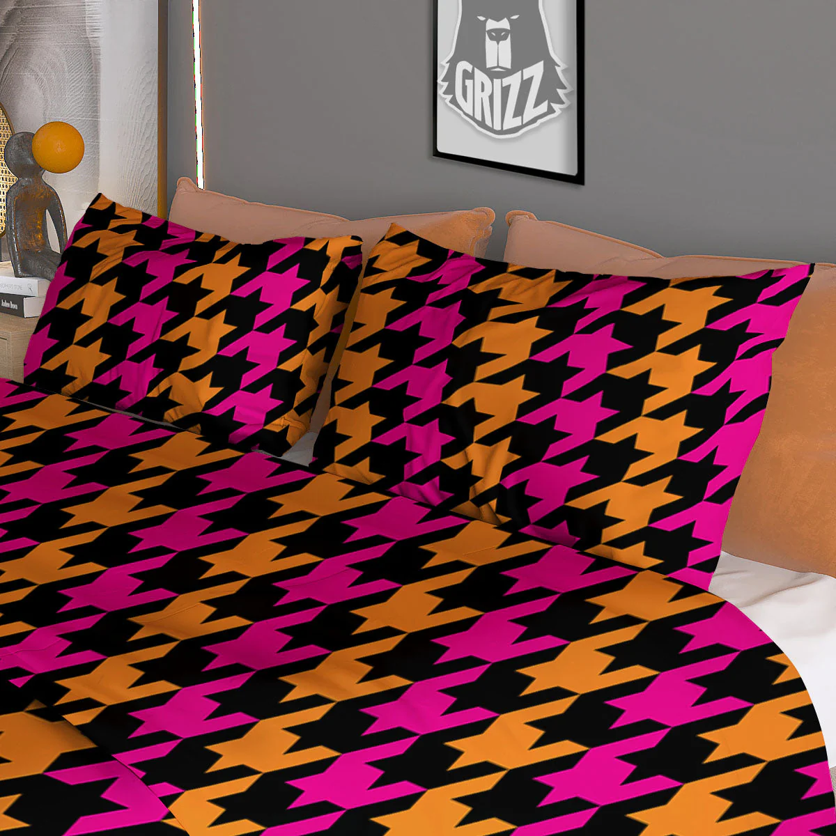 Pink Orange And Black Houndstooth Print Duvet Cover Bedding Set - Image 3